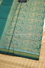 Blue-Green Banarasi Mulmul cotton patola Saree with Chevron Check Floral Buti & contrast Yellow Gold Border