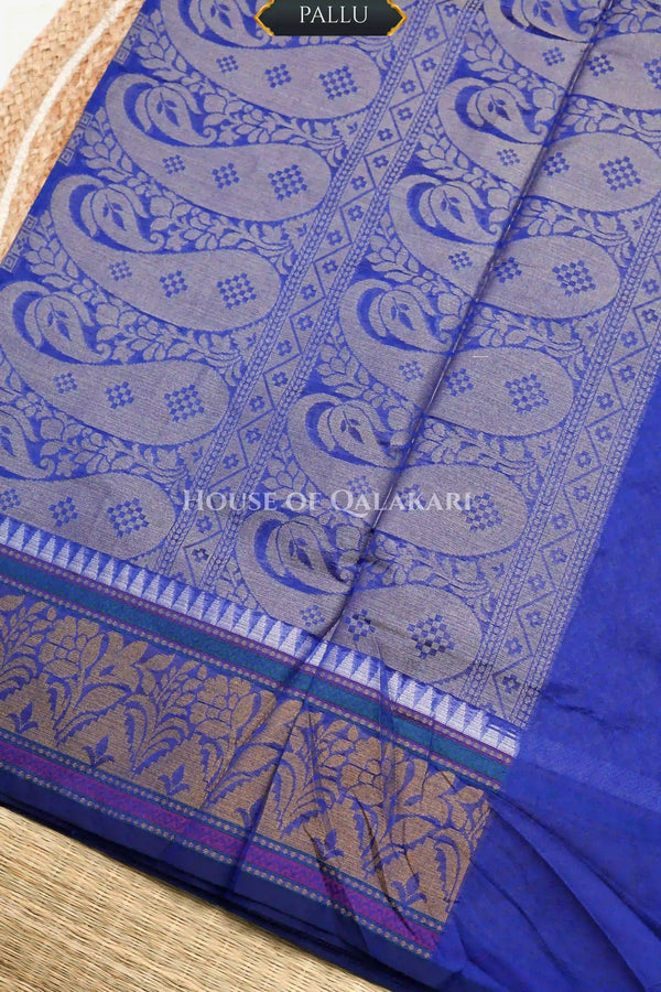 Royal Blue Banarasi Mulmul cotton patola Saree with Chevron Check Floral Buti & contrast Yellow Gold Border