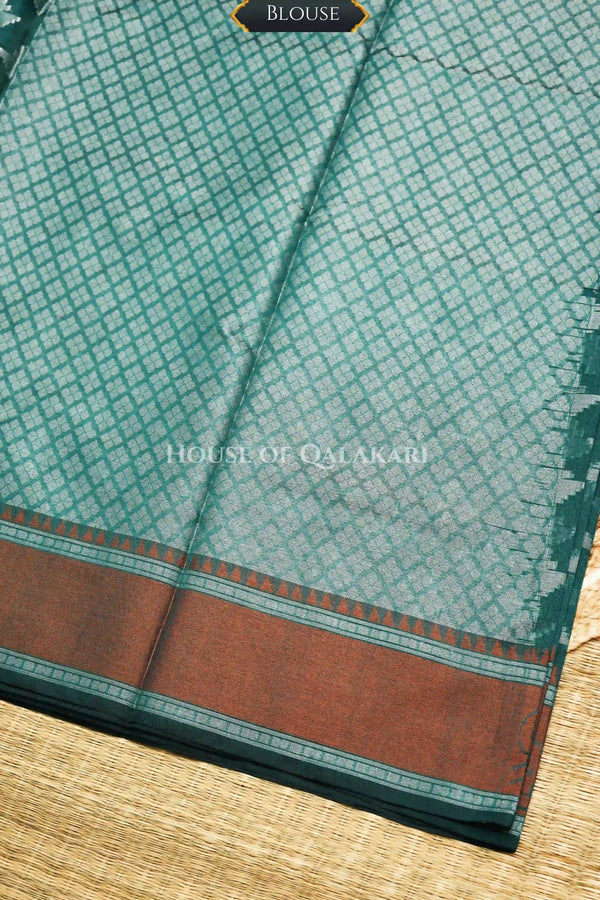 Blue-Green Banarasi Mulmul cotton patola Saree with Geometric Floral Buti & contrast rust orange Border