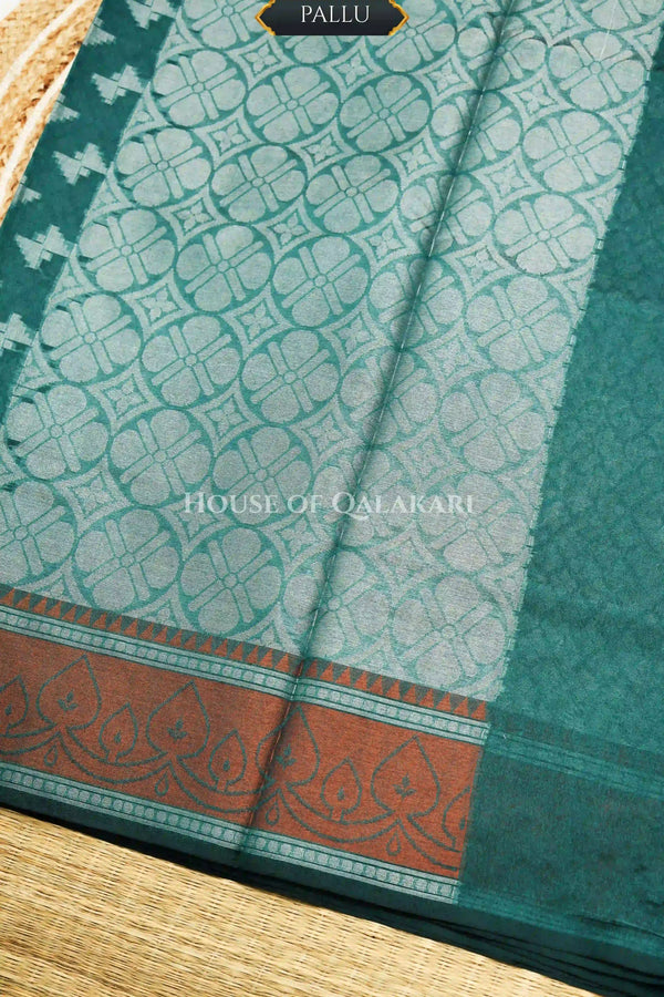 Blue-Green Banarasi Mulmul cotton patola Saree with Geometric Floral Buti & contrast rust orange Border