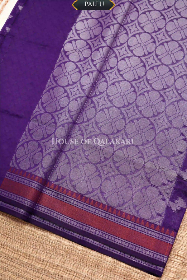 Purple Banarasi Mulmul cotton patola Saree with Geometric Floral Buti & contrast rust orange Border