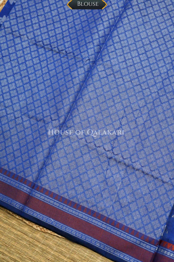 Blue Banarasi Mulmul cotton patola Saree with Geometric Floral Buti & contrast rust orange Border