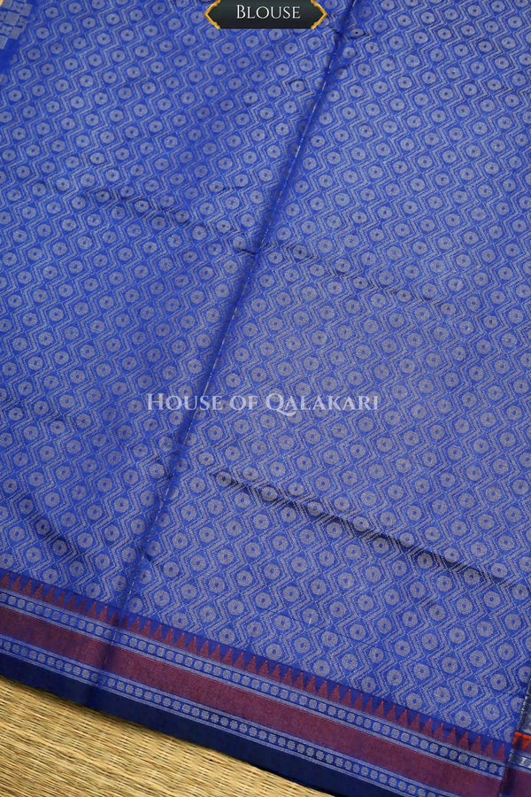 Royal Blue Banarasi Mulmul cotton patola Saree with Geometric Floral Cross Buti & contrast rust-maroon Border