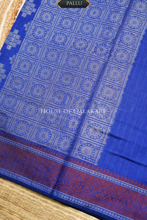 Royal Blue Banarasi Mulmul cotton patola Saree with Geometric Floral Cross Buti & contrast rust-maroon Border