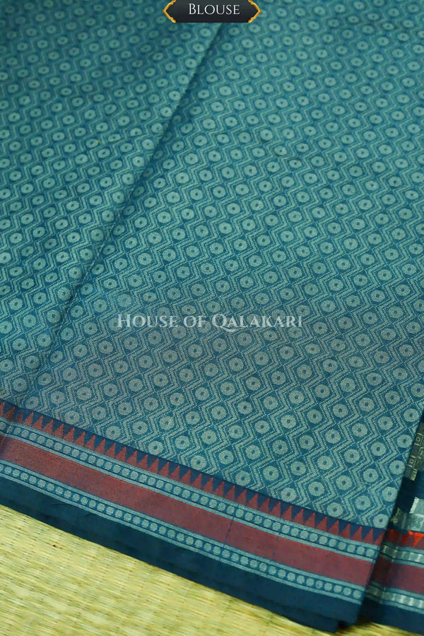 Teal Blue Banarasi Mulmul cotton patola Saree with Geometric Floral Cross Buti & contrast rust-maroon Border