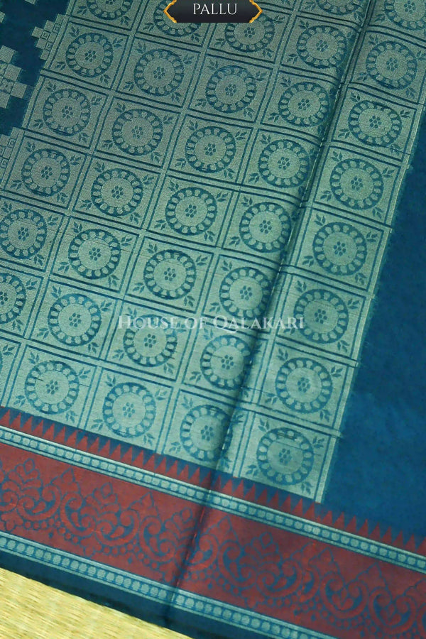 Teal Blue Banarasi Mulmul cotton patola Saree with Geometric Floral Cross Buti & contrast rust-maroon Border
