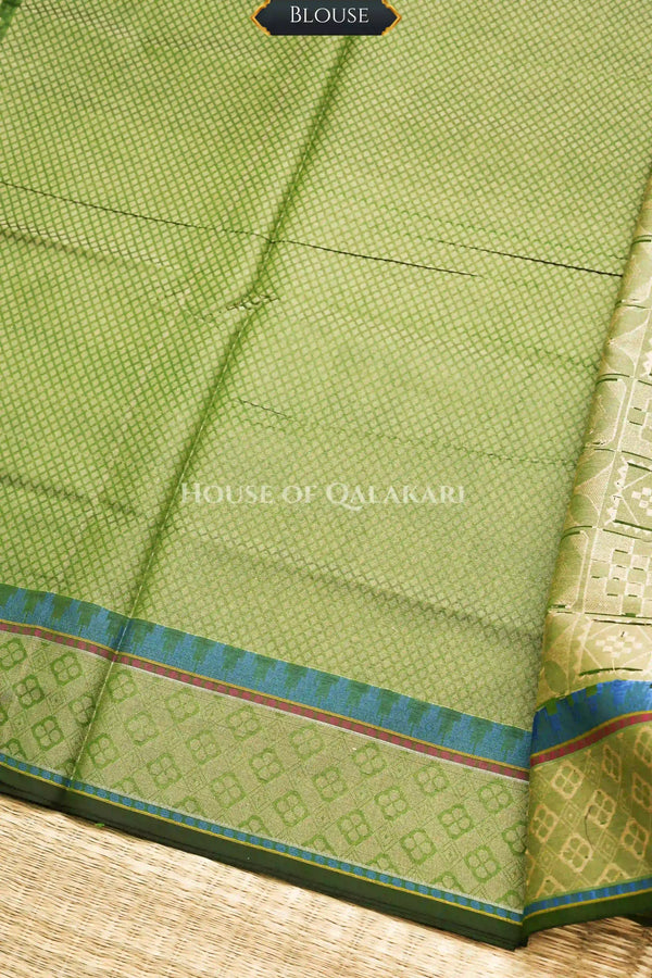 Mehndi Green Banarasi Mulmul cotton patola Saree with Geometric square checks