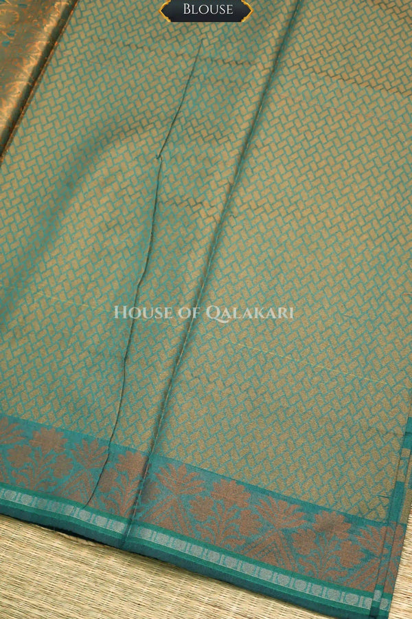 Green Banarasi Mulmul cotton patola Saree with classic checked soft gold jaal & contrast rust-orange Border