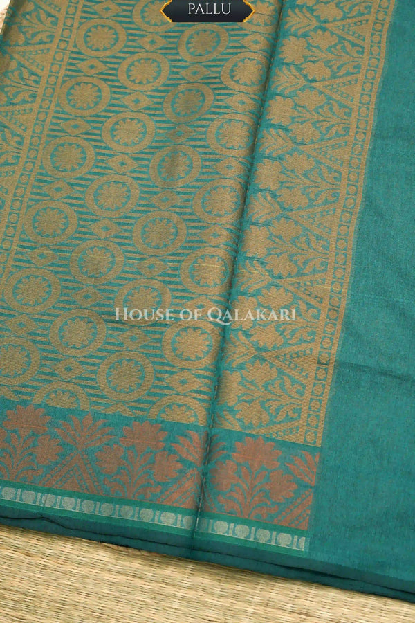 Green Banarasi Mulmul cotton patola Saree with classic checked soft gold jaal & contrast rust-orange Border