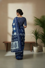 Indigo Blue Bagru Mulmul cotton Saree with Off-White Prints and floral vine border