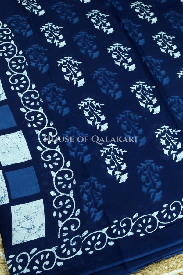 Indigo Blue Bagru Mulmul cotton Saree with Off-White Prints and floral vine border
