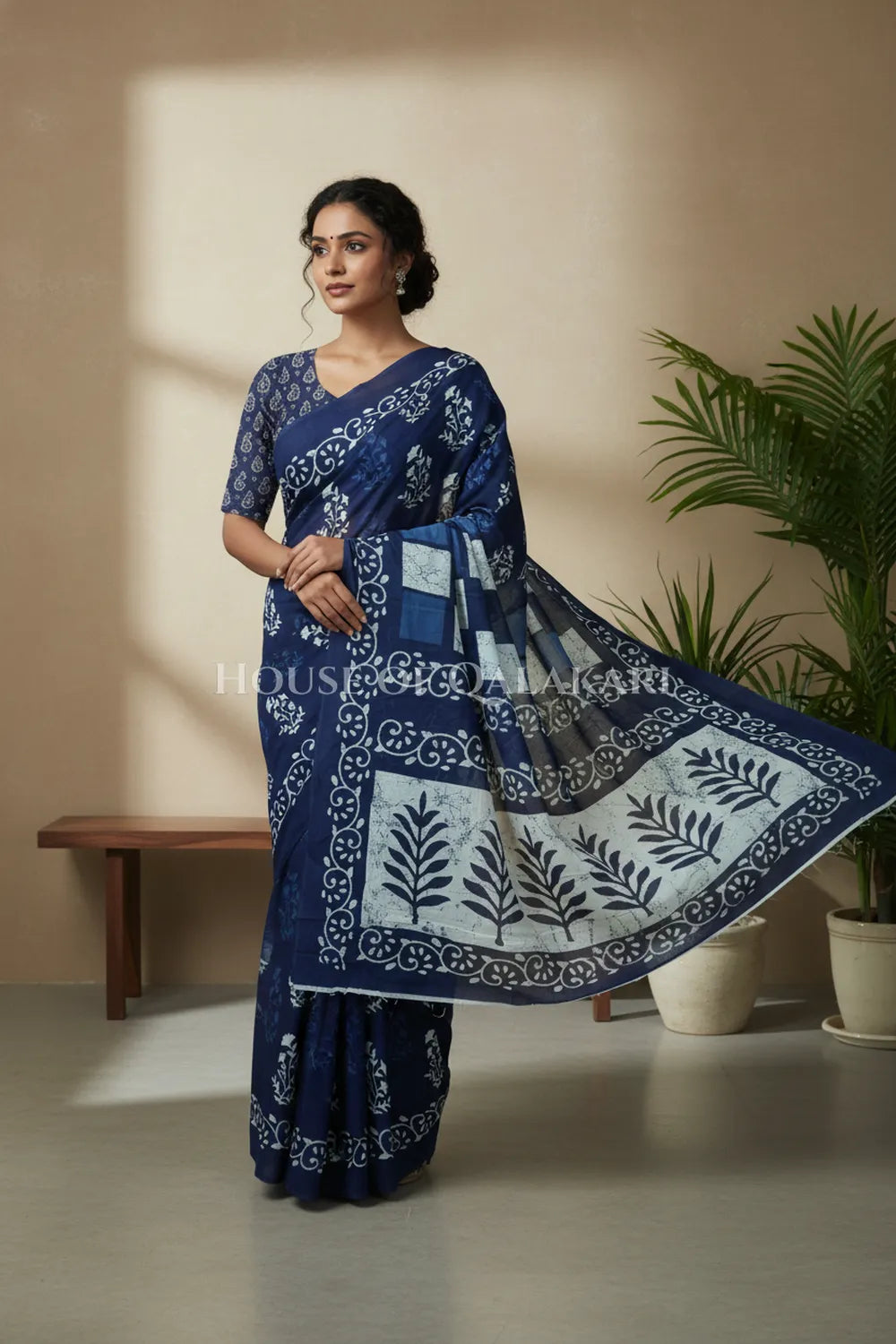 Indigo Blue Bagru Mulmul cotton Saree with Off-White Prints and floral vine border