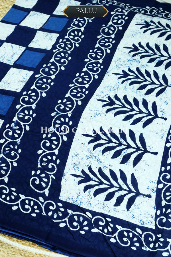 Indigo Blue Bagru Mulmul cotton Saree with Off-White Prints and floral vine border
