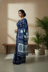 Indigo Blue Bagru Mulmul cotton Saree with Off-White Prints and floral vine border