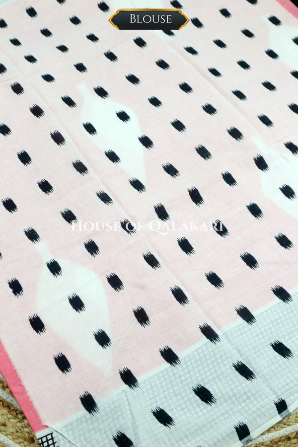 Peach & Black  Bagru Mulmul Cotton Saree with Off-White Floral Buti Prints