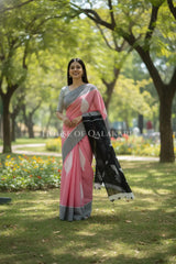 Pink & Black  Bagru Mulmul Cotton Saree with Off-White Floral Buti Prints