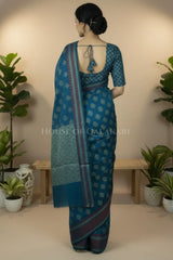 Teal Blue Banarasi Mulmul cotton patola Saree with Nakshi Phool Booti & contrast copper Border
