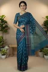 Teal Blue Banarasi Mulmul cotton patola Saree with Nakshi Phool Booti & contrast copper Border