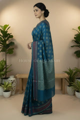 Teal Blue Banarasi Mulmul cotton patola Saree with Nakshi Phool Booti & contrast copper Border