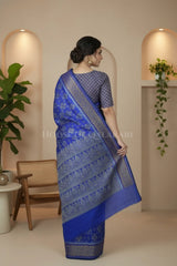 Blue Banarasi Mulmul cotton patola Saree with Stepped Chaukadi Buti Jaal & contrast antique gold Border