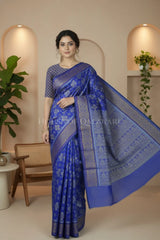 Blue Banarasi Mulmul cotton patola Saree with Stepped Chaukadi Buti Jaal & contrast antique gold Border