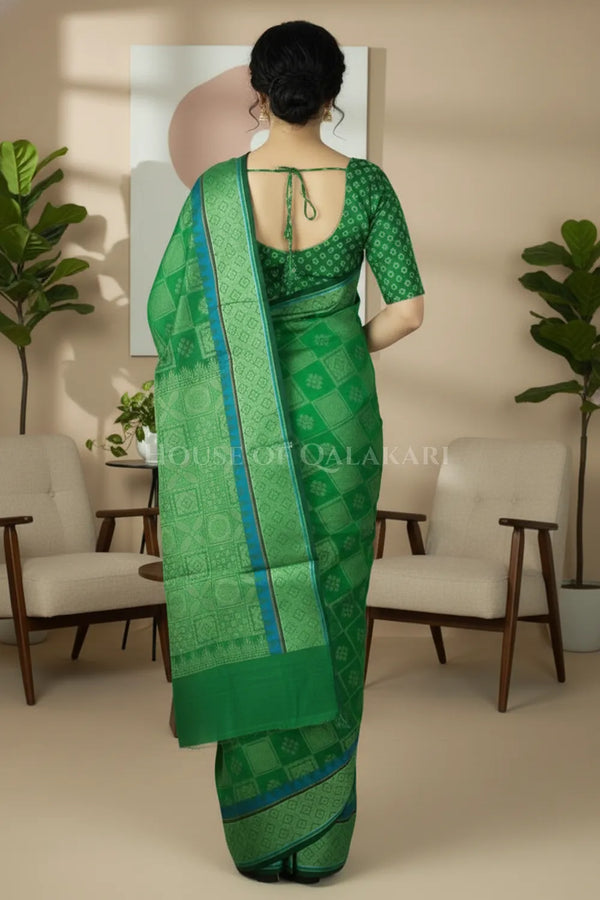 Green Banarasi Mulmul cotton patola Saree with Geometric square checks