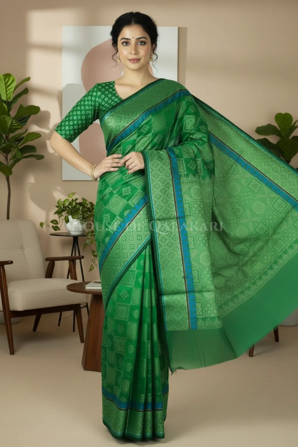 Green Banarasi Mulmul cotton patola Saree with Geometric square checks