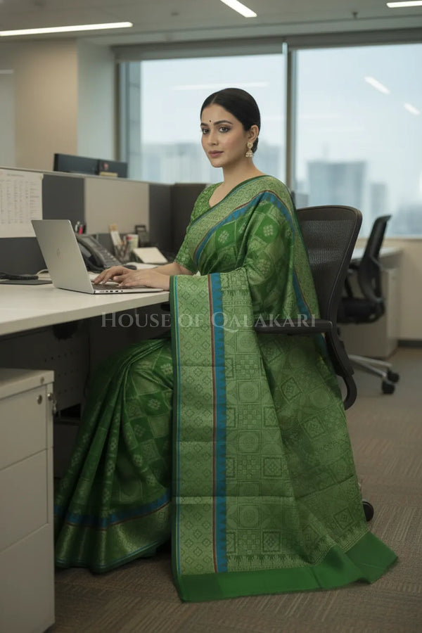Mehndi Green Banarasi Mulmul cotton patola Saree with Geometric square checks
