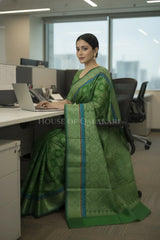 Mehndi Green Banarasi Mulmul cotton patola Saree with Geometric square checks