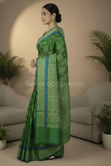 Mehndi Green Banarasi Mulmul cotton patola Saree with Geometric square checks