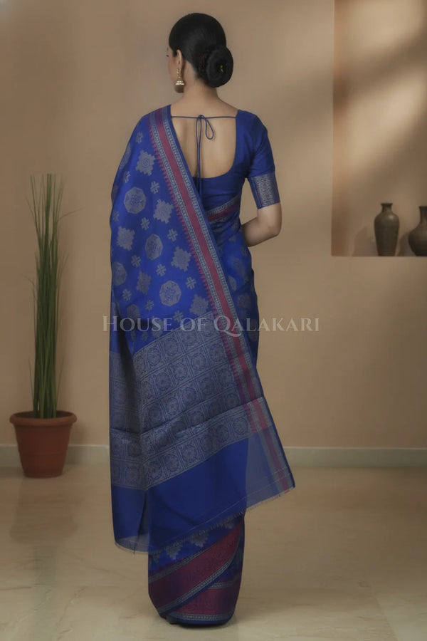 Blue Banarasi Mulmul cotton patola Saree with geometric resham butis & contrast wine Border