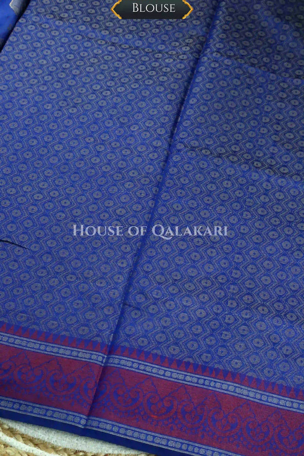 Blue Banarasi Mulmul cotton patola Saree with geometric resham butis & contrast wine Border