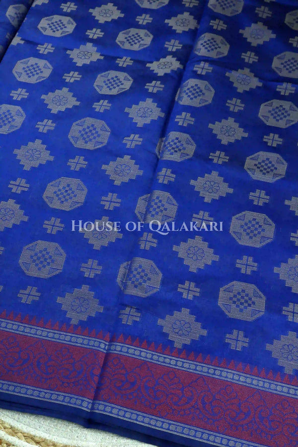 Blue Banarasi Mulmul cotton patola Saree with geometric resham butis & contrast wine Border