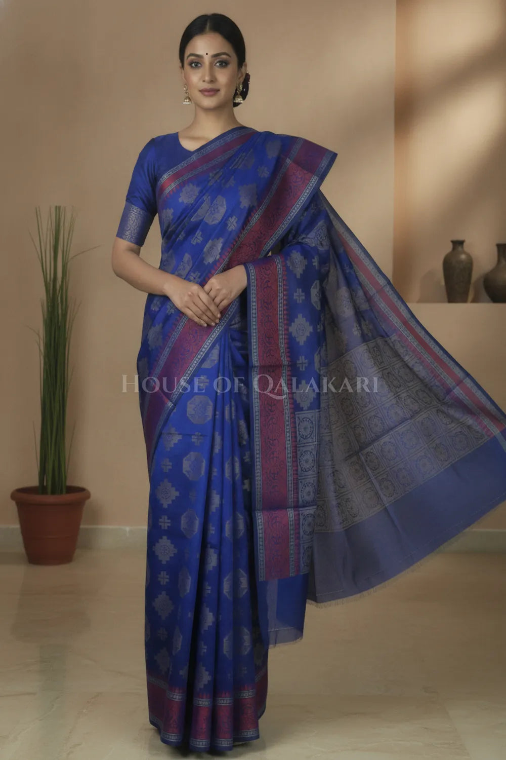 Blue Banarasi Mulmul cotton patola Saree with geometric resham butis & contrast wine Border