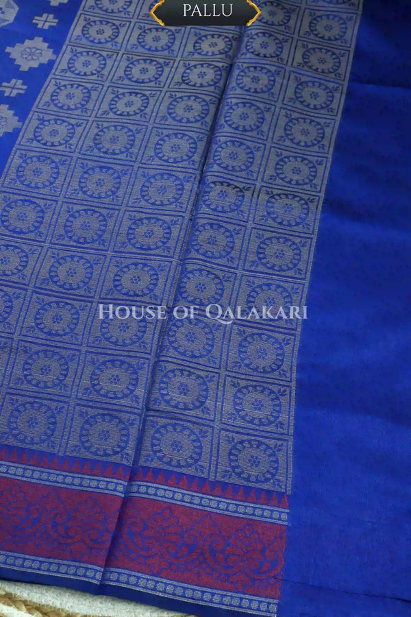 Blue Banarasi Mulmul cotton patola Saree with geometric resham butis & contrast wine Border