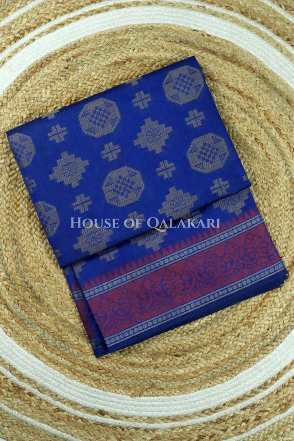 Blue Banarasi Mulmul cotton patola Saree with geometric resham butis & contrast wine Border