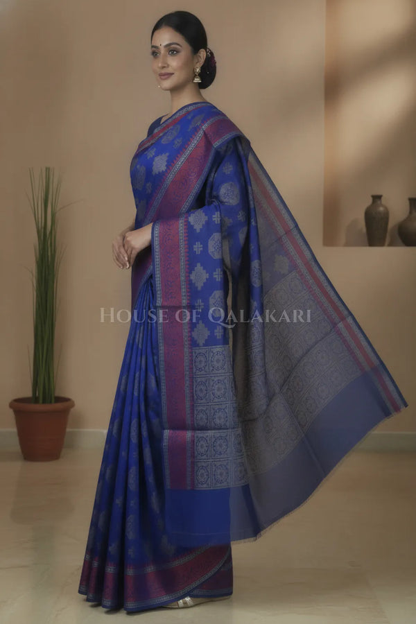 Blue Banarasi Mulmul cotton patola Saree with geometric resham butis & contrast wine Border