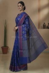 Blue Banarasi Mulmul cotton patola Saree with geometric resham butis & contrast wine Border