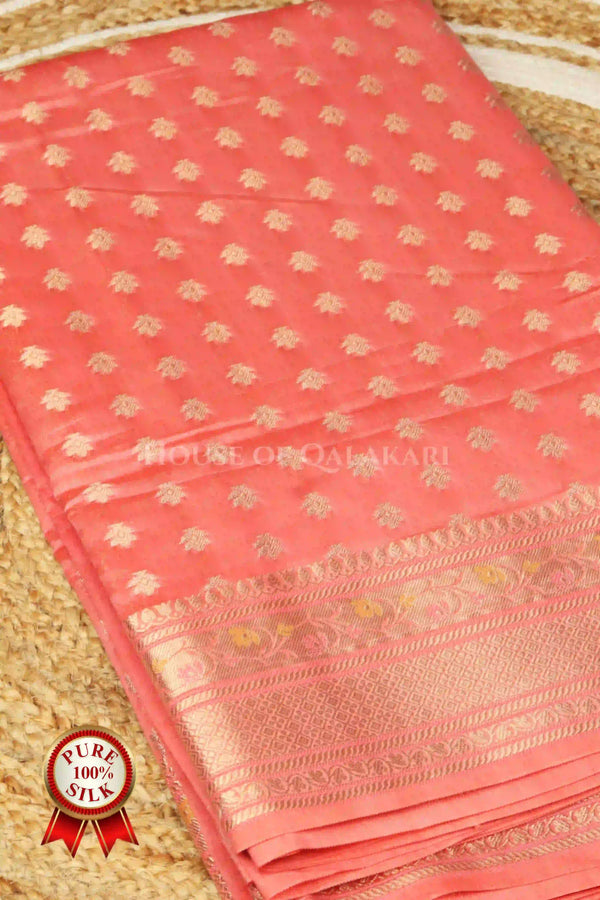 Salmon Pink Munga Pure Silk Banarasi Saree with Zari floral Motifs