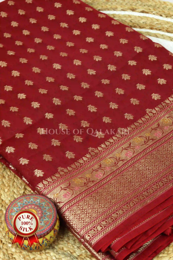 Maroon Munga Pure Silk Banarasi Saree with Zari floral Motifs