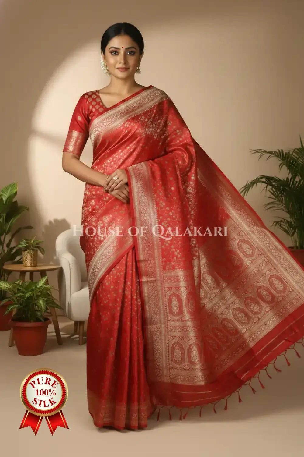 Banarasi Pure Silk Saree in Red with  Intricate Zari jamewaar jaal and heavy blouse