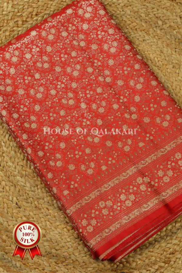 Banarasi Pure Silk Saree in Red with  Intricate Zari jamewaar jaal and heavy blouse