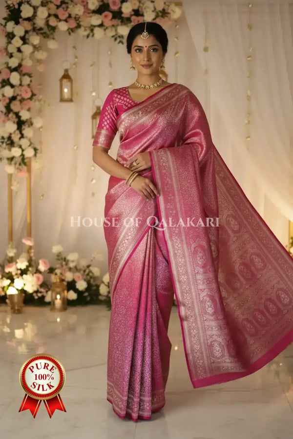 Banarasi Pure Silk Saree in rani pink with Intricate Zari jamewaar jaal and heavy blouse
