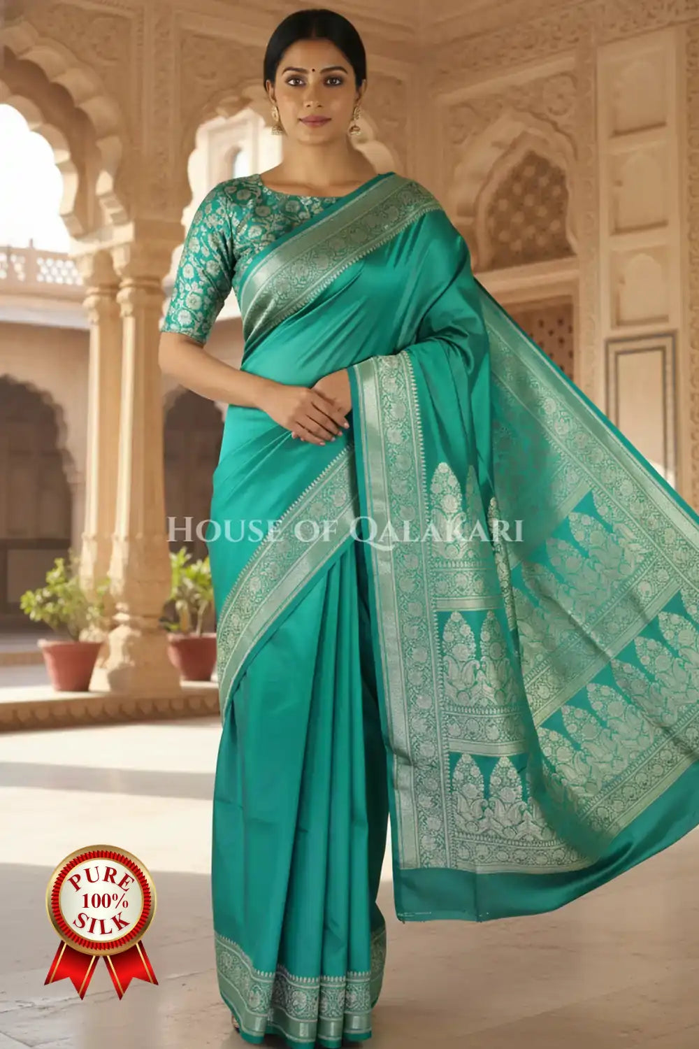 Banarasi Pure Silk Saree in Teal Green with soft resham zari work and heavy blouse