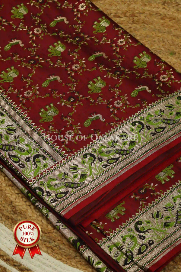 Banarasi Pure Satin Silk Shikargah Saree in Maroon with Green Border