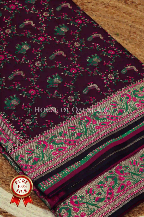 Banarasi Pure Satin Silk Shikargah Saree in wine with pink & green floral border