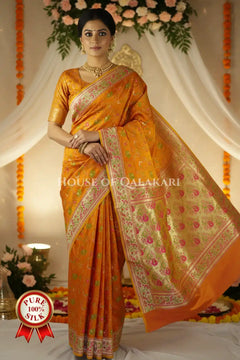 Banarasi Pure Satin Silk Shikargah Saree in rusty orange with pink & green floral border