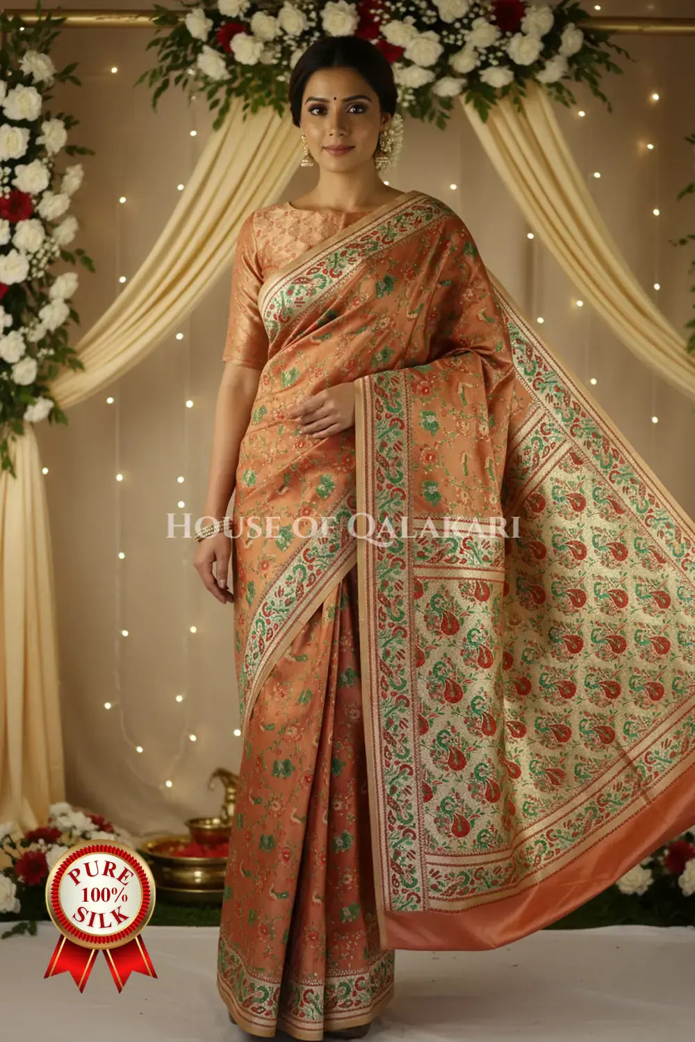 Banarasi Pure Satin Silk Shikargah Saree in light brown with red & green floral border