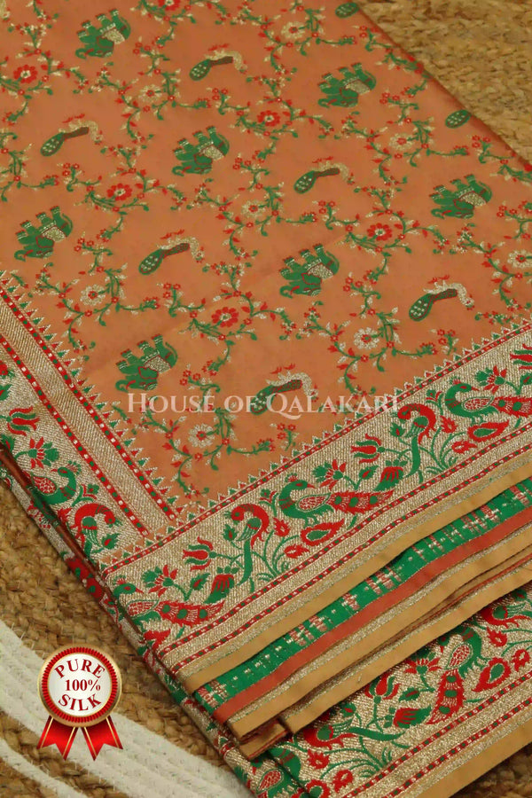 Banarasi Pure Satin Silk Shikargah Saree in light brown with red & green floral border