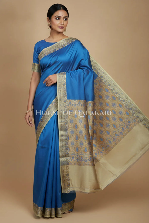 Blue Jamewaar Work Banarasi Silk Saree with Ivory Zari Border and Pallu